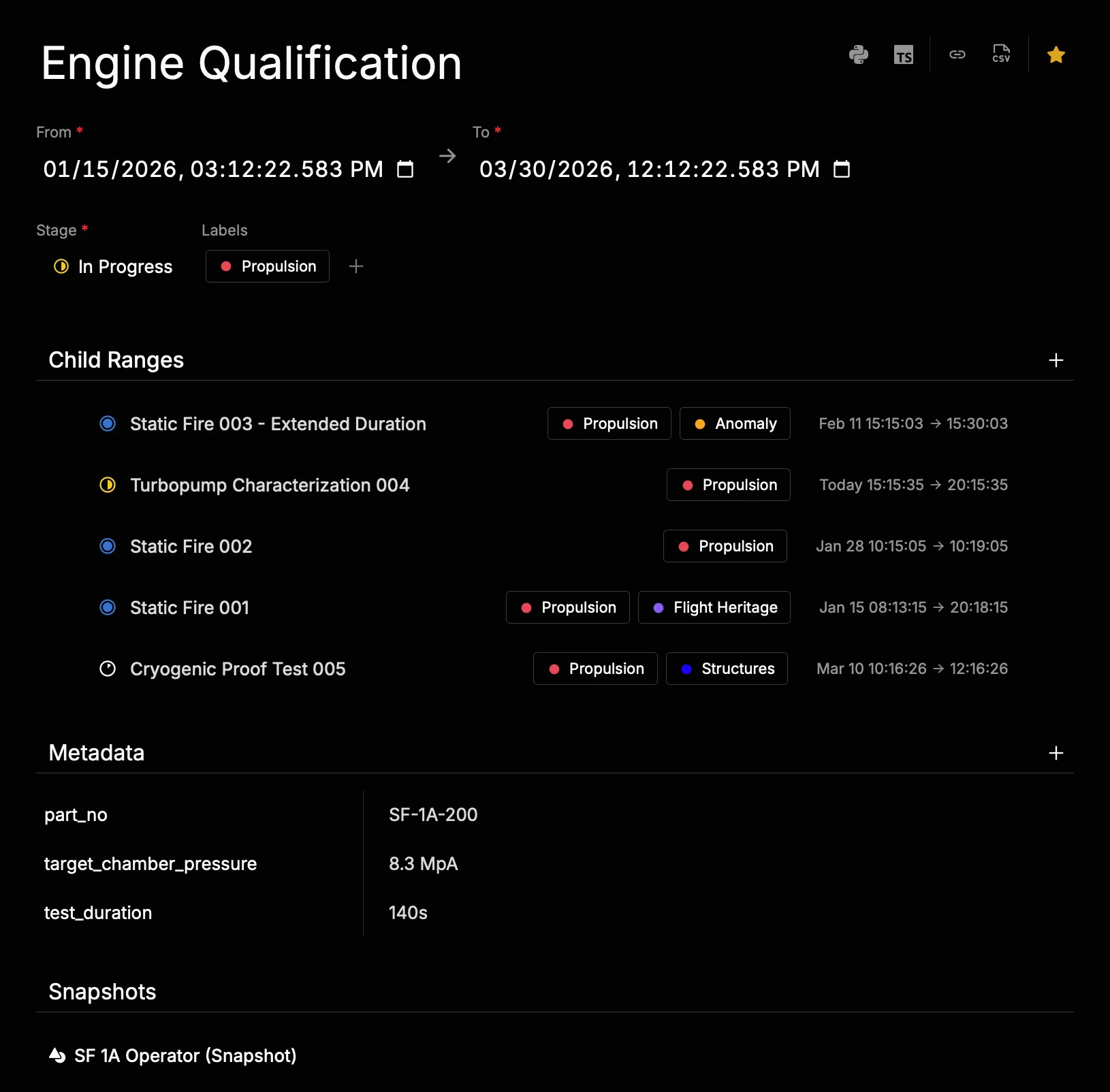 Range detail panel showing metadata, labels, and hierarchy